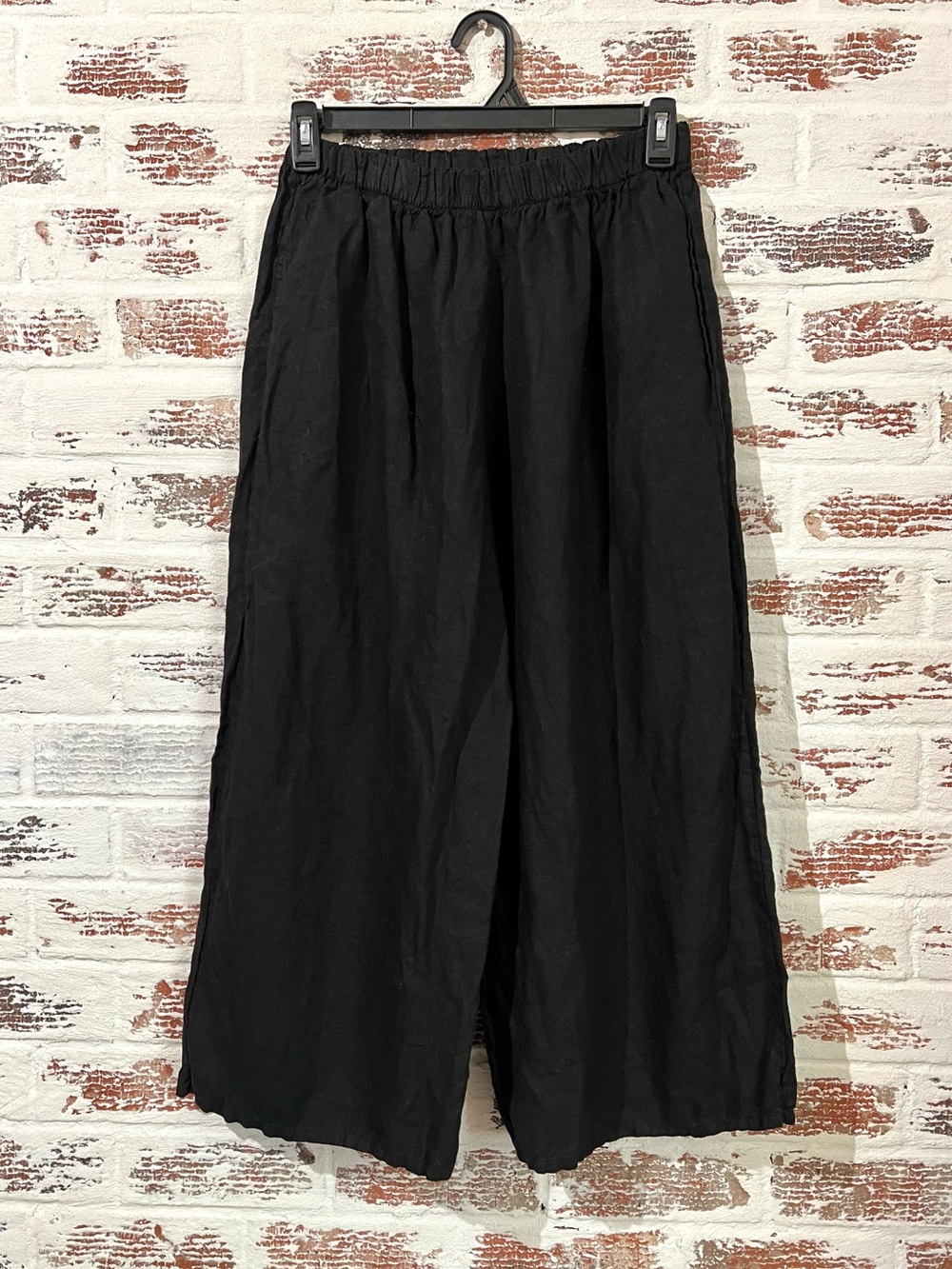 Bryn Walker 100% Linen Wide Leg Pants Black Elastic Waist Pockets Size M Made US